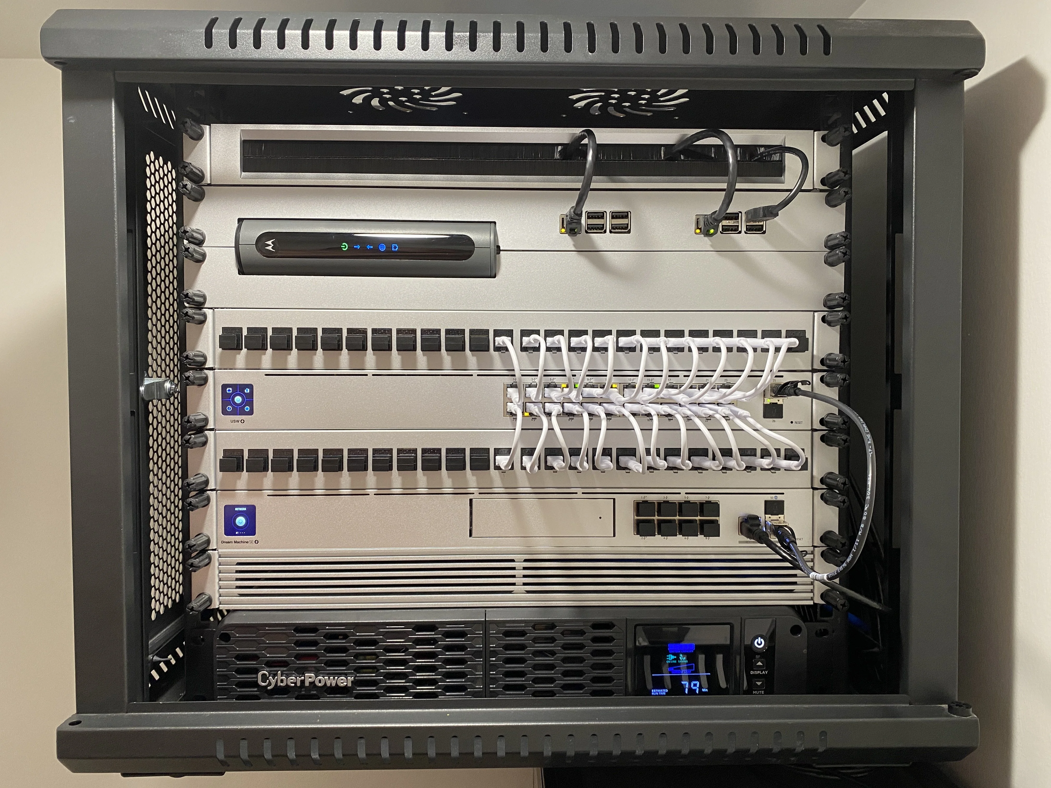 UniFi network rack with switch, gateway, patch panel, and UPS